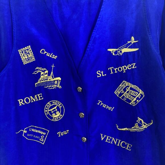 Vintage Strictly Silk Shirt Womens Medium Travel Embroidered Rome Venice St - Picture 3 of 16